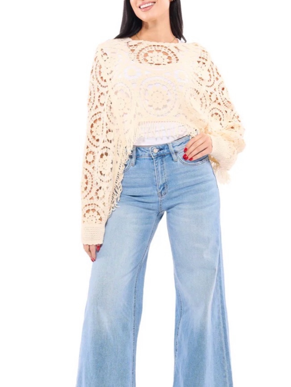 Bibi Crochet Fringe Cream Sweater Top - Women size large - Picture 2 of 5